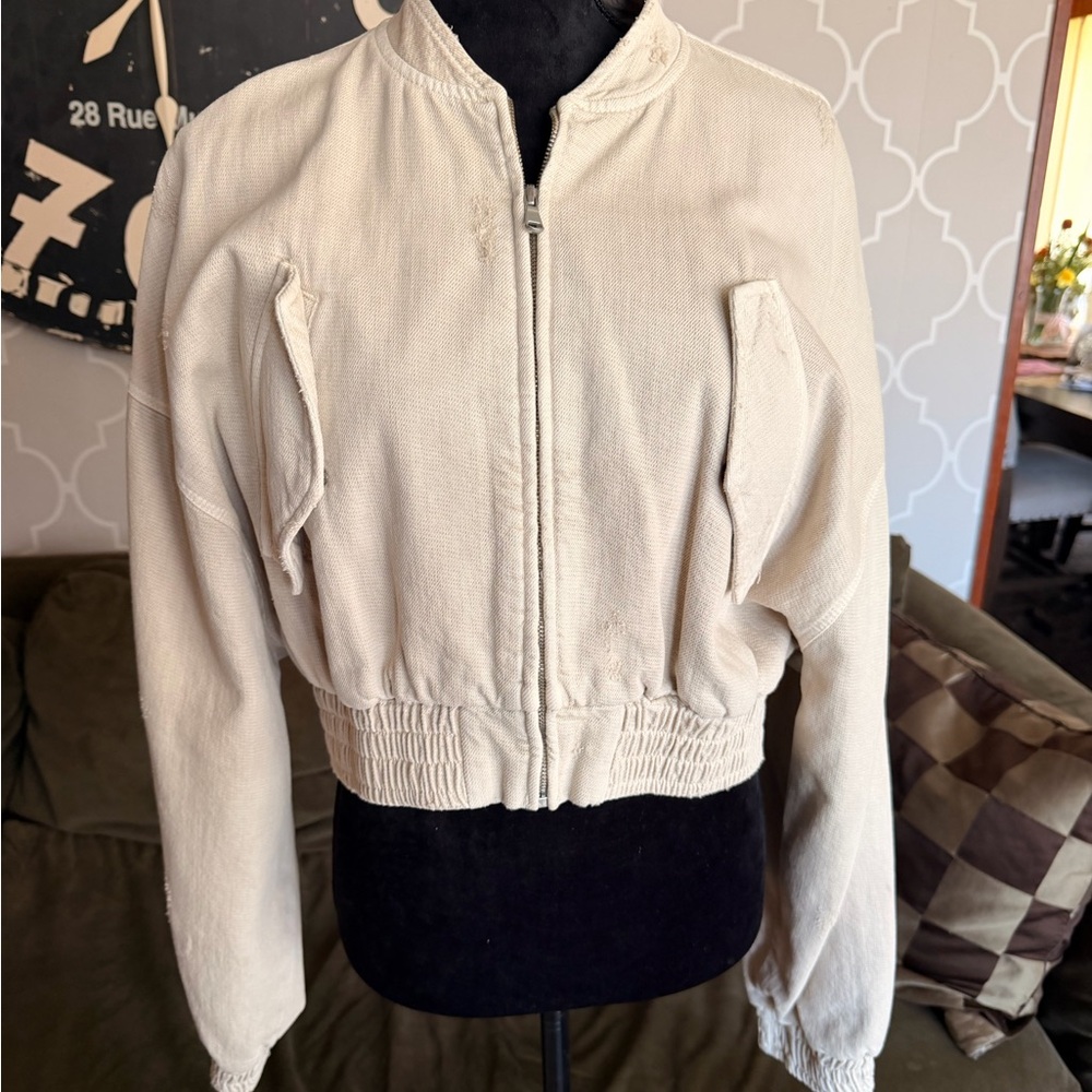 Womens Cream Bomber Jacket with Zip Front